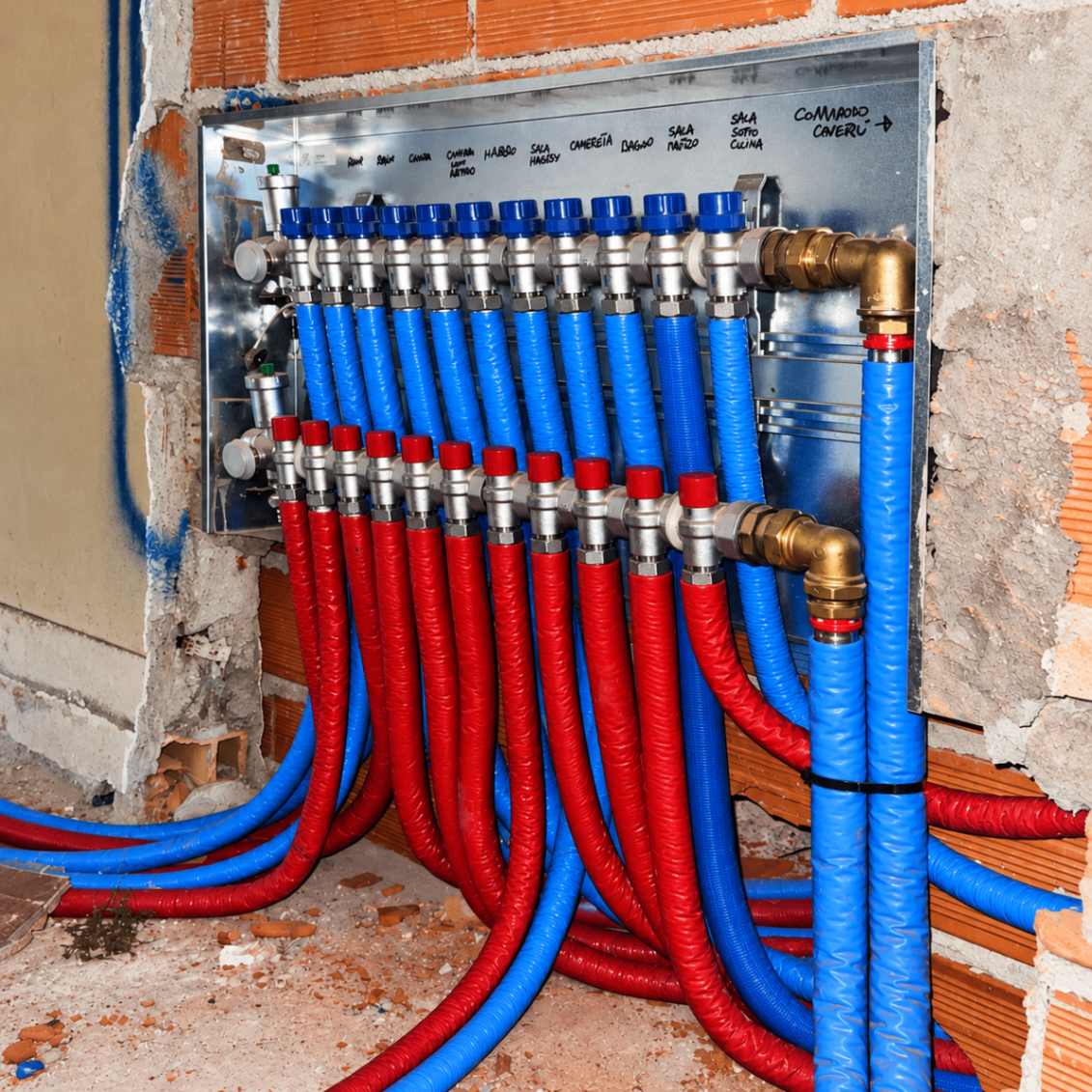 Collettore a pavimento con tubi rosso e blu
